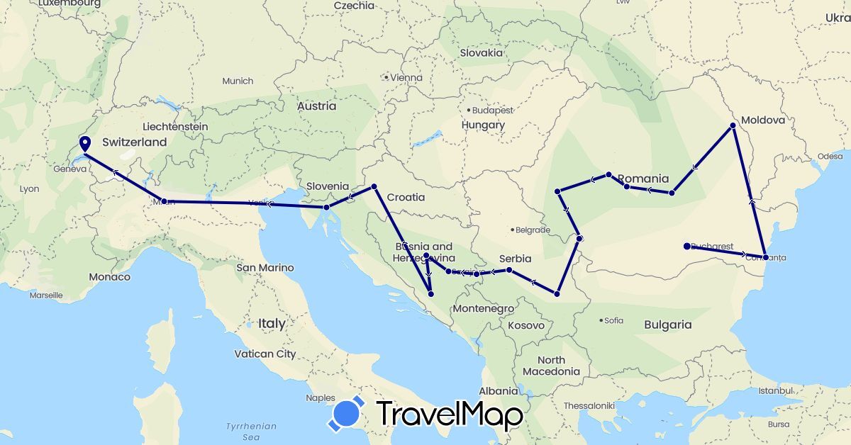 TravelMap itinerary: driving in Bosnia and Herzegovina, Switzerland, Croatia, Italy, Romania, Serbia (Europe)